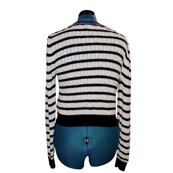 Anthropologie LAUNDRY Shelli Segal Pointelle Denim Trim Stripe Cardi L Women's - Picture 7 of 7